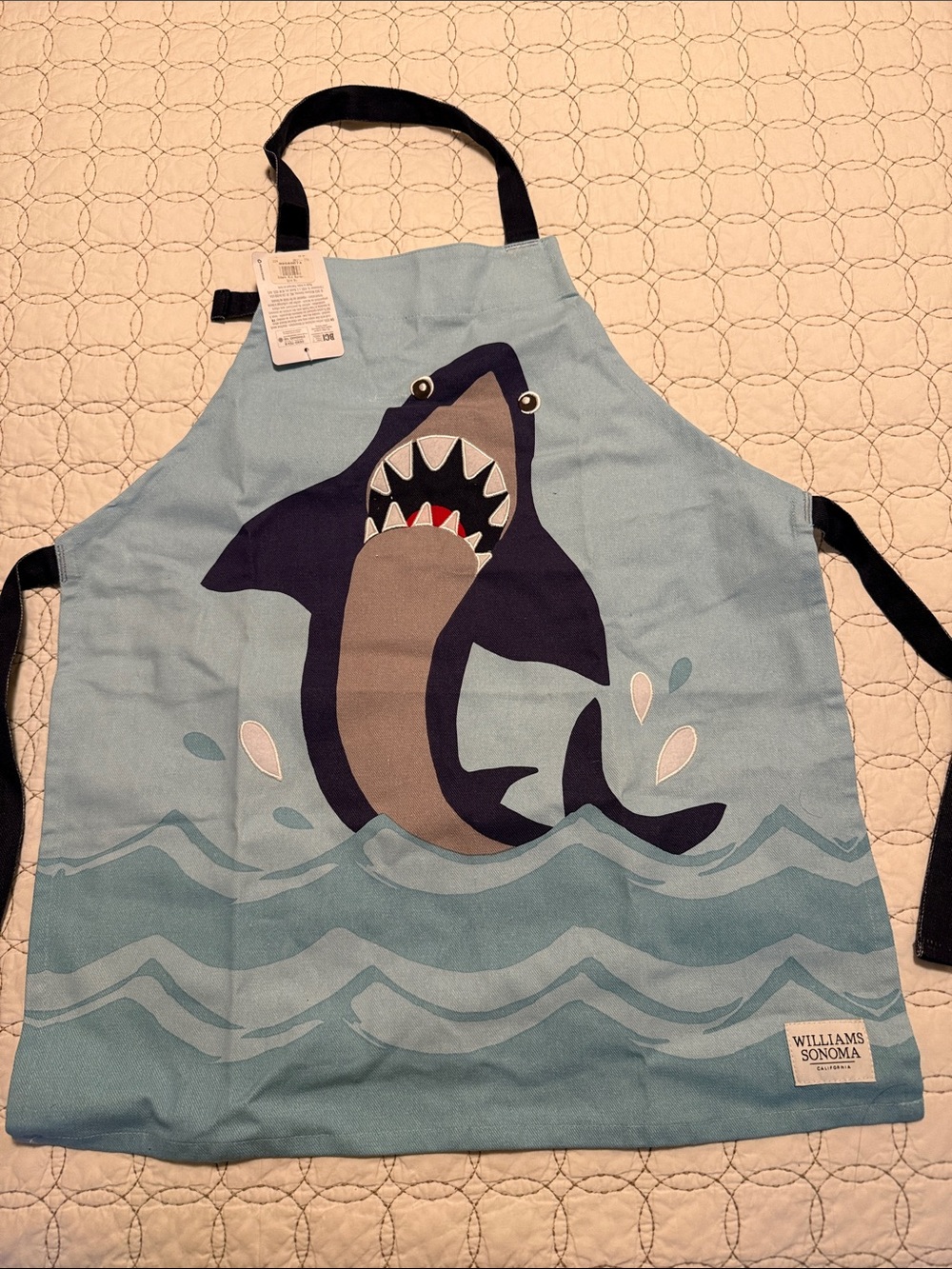 Williams Sonoma Light Blue Kids Shark Apron with Navy Straps